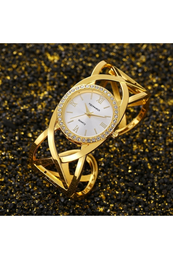 Golden White Dial Crystal Cuff Watch – Elegant Women’s Bracelet Quartz Watch