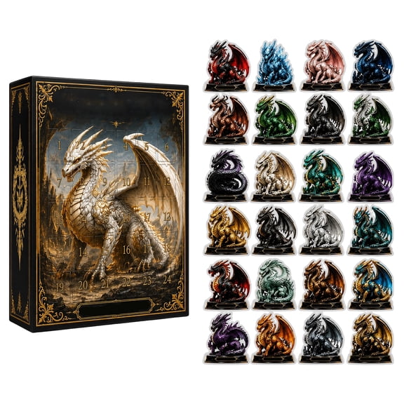 Golden White Dragon Advent Calendar, 24 Pcs Fantasy Mini Dragon Figurines, 24 Days Holiday Countdown Blind Box Set, Medieval Mythical Dragon Statue Desktop Ornaments