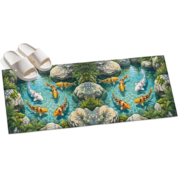 Golden White Fish Hallway Runner Rug 2x6 Washable Non Slip Kitchen Runner Rug for Bedside Bathroom Low Pile Summer Pond Botanical Lucky Indoor Floor Carpet Area Rugs for Living Room Bedroom Office