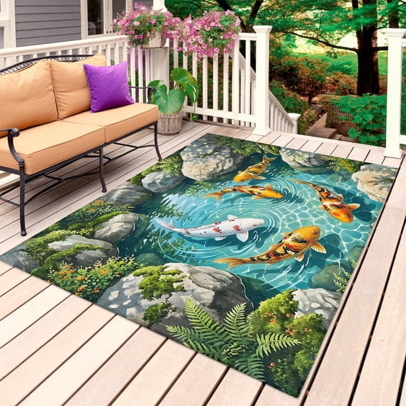 Golden White Fish Outdoor Rug for Patio/Deck/Porch, Non-Slip Large Area Rug 4 x 6 Ft, Summer Pond Botanical Lucky Indoor Outdoor Rugs Washable Area Rugs, Reversible Camping Rug Carpet Runner