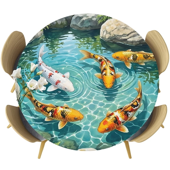 Golden White Fish Round Tablecloth 36-44 Inch Round Fitted Table Cloth with Elastic Edge, Summer Pond Botanical Lucky Waterproof Table Cover Protector for Outdoor Picnic Party Dining