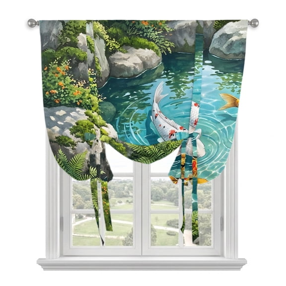 Golden White Fish Tie Up Curtains for Window, Thermal Insulated Balloon Shade Adjustable Rod Pocket Curtains Valance Panels for Kitchen Bathroom Cafe 42 x 54 Summer Pond Botanical Lucky