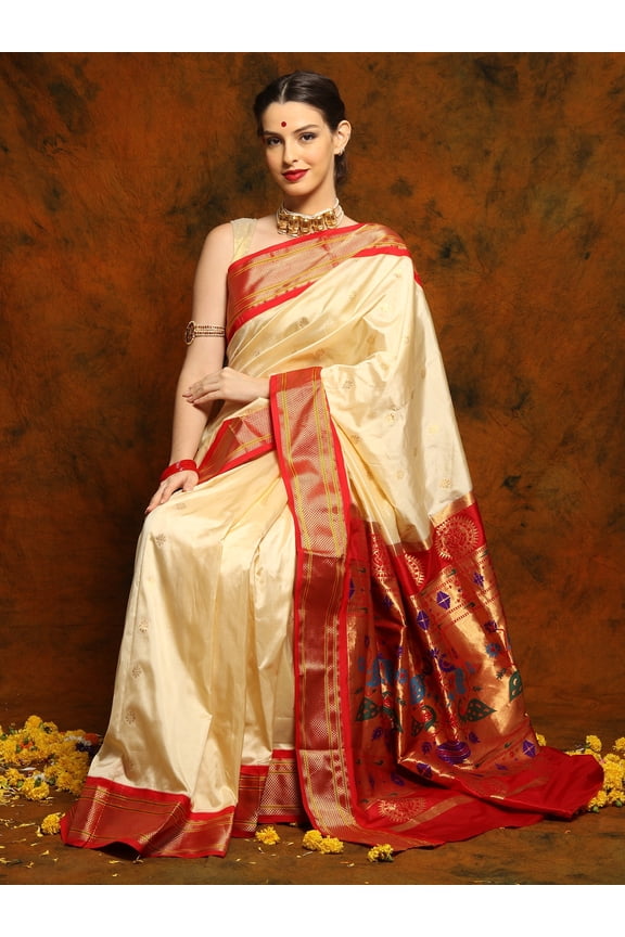 Golden White Maharani Paithani Saree with Chattai Border and Zari Butta