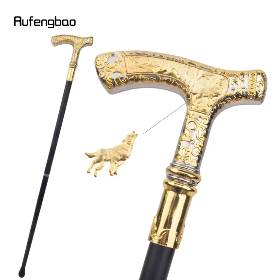 Golden White Wolf Luxury Pattern Walking Stick Party Fashion Elegant Walking Stick Decorative Cospaly Cane Knob Crosier 89cm