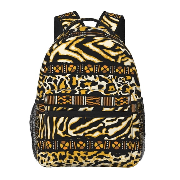 Golden Wild Animal Skins With African Tribal Motifs Backpack Casual College Bag Zipper Laptop Daypack Hiking Rucksack Travel