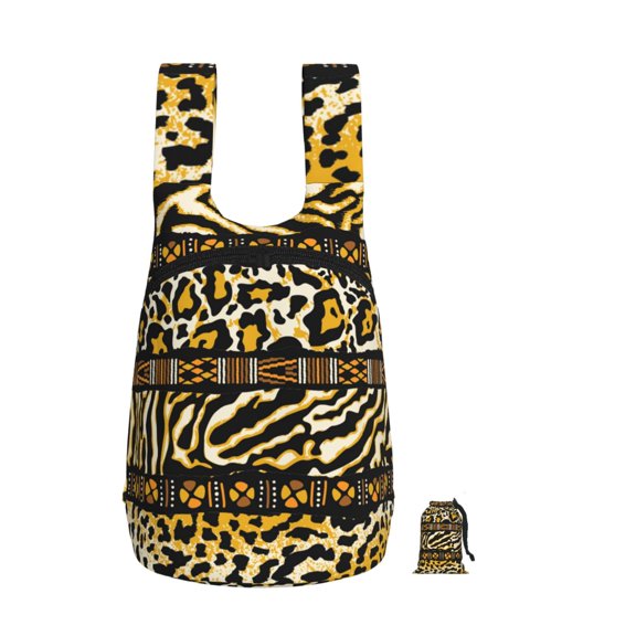 Golden Wild Animal Skins With African Tribal Motifs Foldable Storage Backpack Lightweight Packable Travel Daypack for Shopping Commuting Hiking