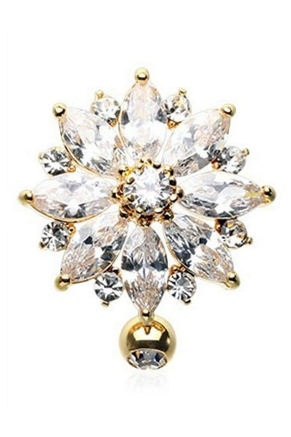 Golden Wild Flower Multi-Gem Reverse Belly Button Ring Gold Plated 316L Surgical Steel