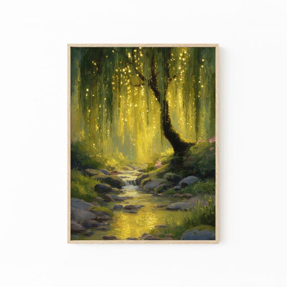 Golden Willow Tree Stream Poster Enchanted Forest Lights Fantasy Nature Wall Art 8x12 UNFRAMED