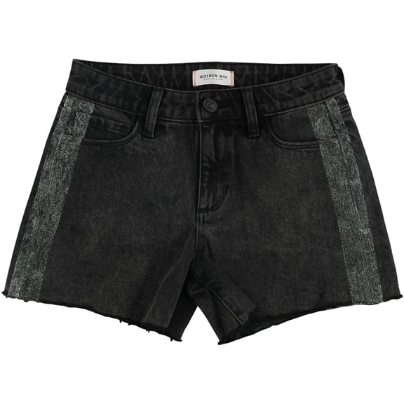 Golden Win Collection Womens Glitter Racing Stripe Casual Denim Shorts, Black, 26