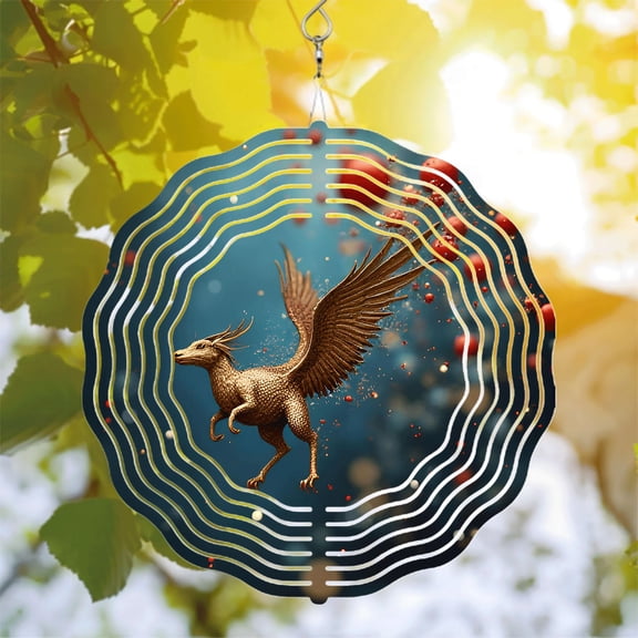 Golden Winged Dragon Metal Wind Spinner - Ethereal Concentric Wave Design for Yard & Garden Decor Motion & Depth