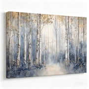 Golden Winter Birch Forest Watercolor Canvas Art, Blue and Gold Leaf Woodland Path Painting Print, Matte Finish Gallery Wrapped Serene Wall Decor 8*12