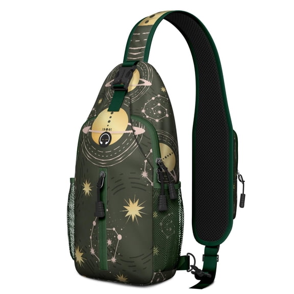 Golden Witchy Sun and Moon Print Sling Bag, Gothic Celestial Lightweight Crossbody Backpack, Adjustable Strap, Multiple Compartments for Daily Commuting and Short Trips