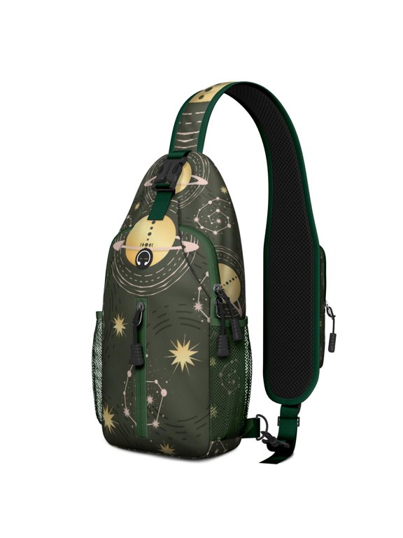 Golden Witchy Sun and Moon Print Sling Bag, Gothic Celestial Lightweight Crossbody Backpack, Adjustable Strap, Multiple Compartments for Daily Commuting and Short Trips