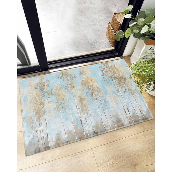 Golden Wood Forest Blue Gradient Doormat Shaggy Plush Rug, Comfy Furry Floor Area Rugs Retro Oil Painting Art Cozy Throw Shag Carpets Indoor Entrance Decor Door Mats