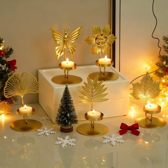 Golden Wrought Iron Candlesticks - 5 Designs (Maple Leaf/Butterfly/Flower/Ginkgo/Rice Dumpling Leaf), Romantic Dining Table & Minimalist Decor, Durable Metal Candle Holders, 3.54*5.9in, D