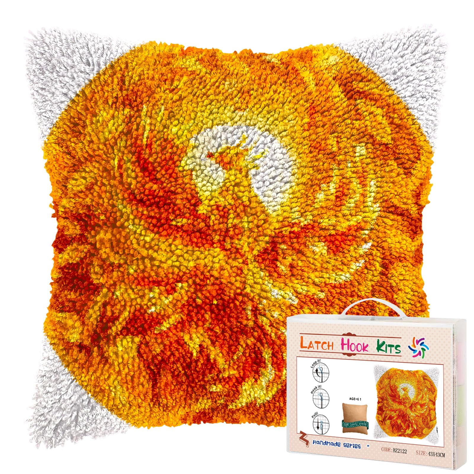 Golden Yellow Bird in Circle DIY Latch Hook Pillow Kits for Adults Printed Pillowcase Crochet Yarns Hooking Handmade Pillow Cover Cushion for Home Sofa Decoration 17x17inch(2)