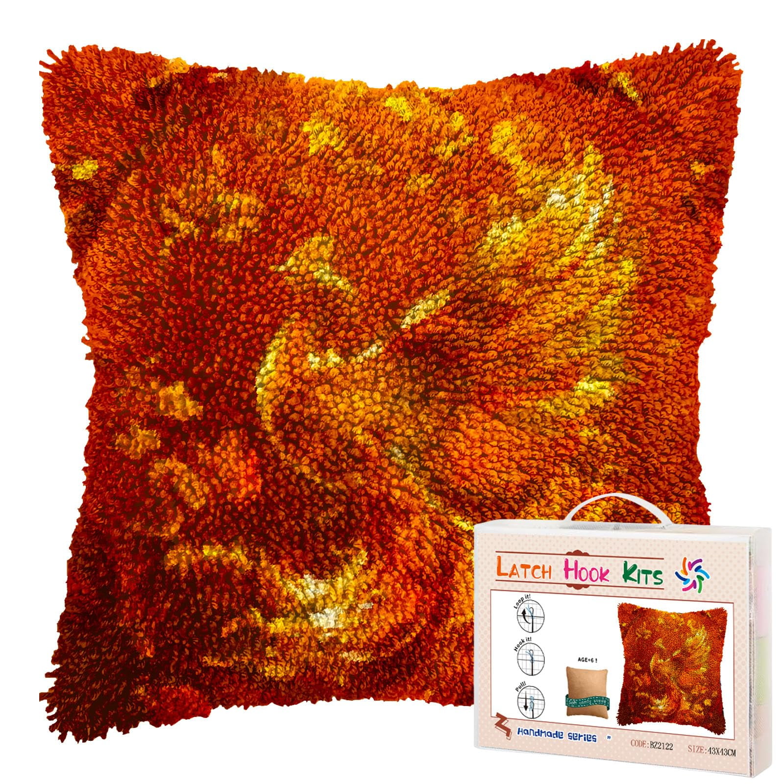 Golden Yellow Bird in Circle DIY Latch Hook Pillow Kits for Adults Printed Pillowcase Crochet Yarns Hooking Handmade Pillow Cover Cushion for Home Sofa Decoration 17x17inch(3)