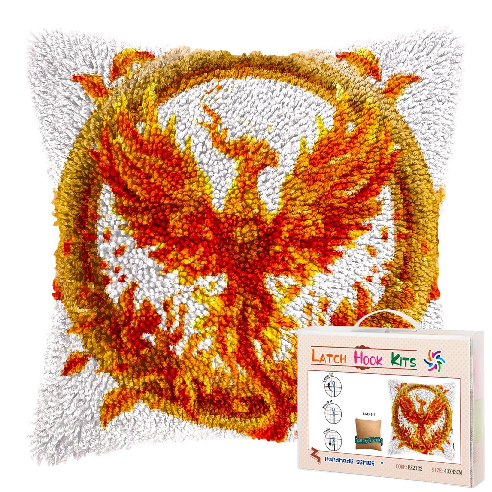 Golden Yellow Bird in Circle DIY Latch Hook Pillow Kits for Adults Printed Pillowcase Crochet Yarns Hooking Handmade Pillow Cover Cushion for Home Sofa Decoration 17x17inch(1)