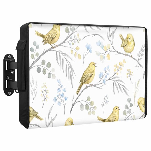 Golden Yellow Birds Waterproof Outdoor TV Cover, Gray Slender Branches Botanical Flower Leaf Outside Weatherproof TV Enclosures for 48 to 50 Inch LCD Television Shield Flat Screen Protectors