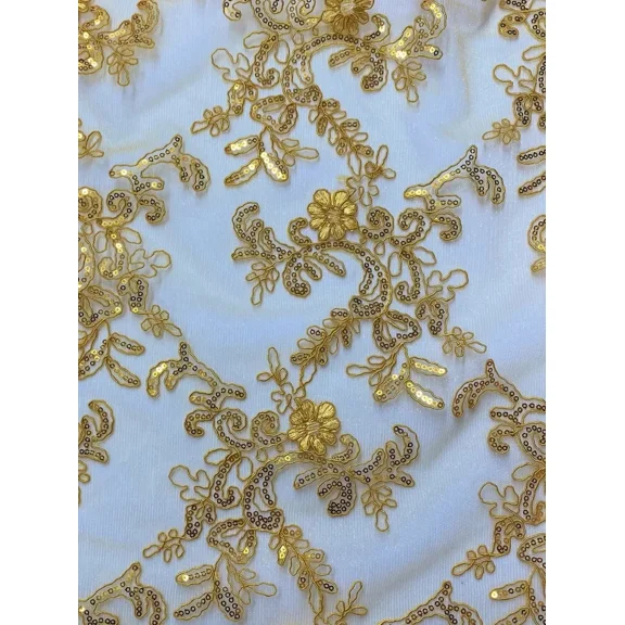 Golden Yellow Corded Floral Lace With Sequin Fabric Sold By Yard 52" Wide Elena