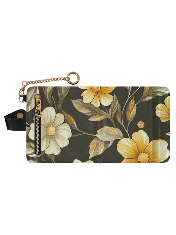 Golden Yellow Floral Pattern Small Wallet for Women RFID Blocking Bifold PU Leather Credit Card Holder with Zipper Coin Pocket Compact Cute Travel Purse Magnetic Snap 7 Card Slots