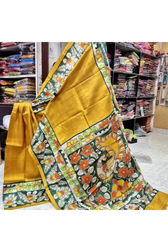 Golden Yellow Pure Silk Hand Painted Kalamkari Pure Saree