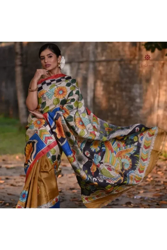 Golden Yellow Pure Silk Hand Painted Kalamkari Saree