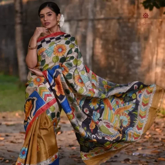 Golden Yellow Pure Silk Hand Painted Kalamkari Saree