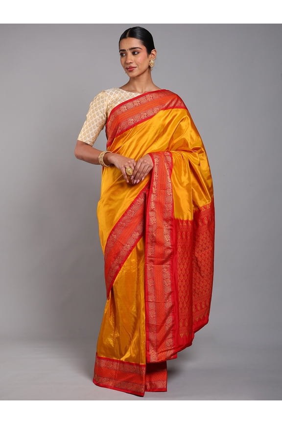 Golden-Yellow Pure Silk Saree from Bangalore with Peacock Woven Contrast Border