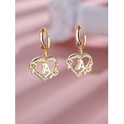 Golden Yellow + Rose Gold Heart Initial A Floral Dangle Hoop Earrings For Women