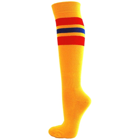 Golden Yellow Stripe Couver Elite Quality Athletic Knee-High Socks, Red / Blue Medium
