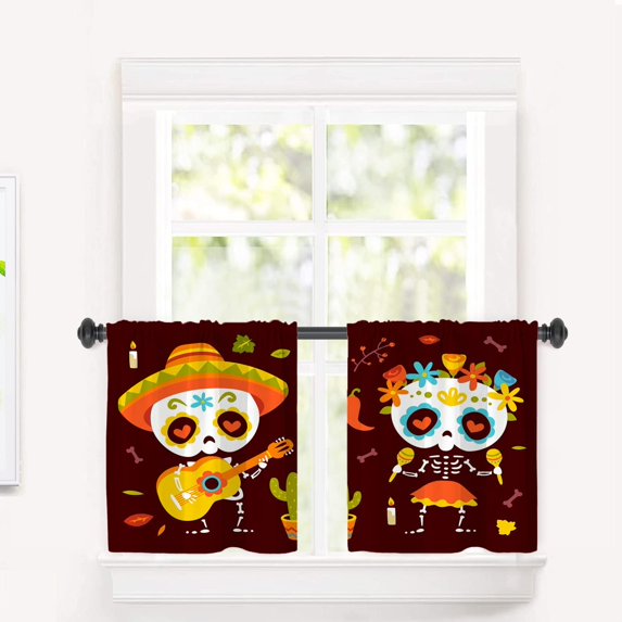 Golden Yellow Sugar Skull Kitchen Tier Curtains for Windows,Cartoon Calavera Dayof The Dead Blackout Valances Multilayer Polyester Window Treatments for Kitchen 2 Pack 26X24 Inches