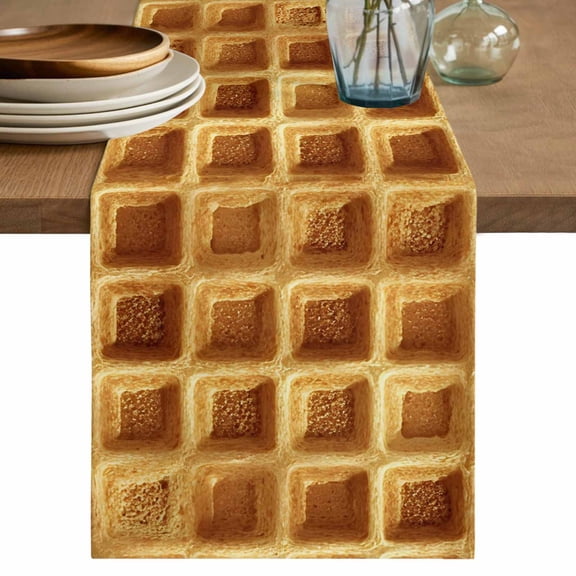 Golden-Yellow Waffle Cake Table Runner, Modern Delicious Dessert Washable Cotton Linen Table Runners 36 Inches Long, Dresser Scarf Runner for Nightstand/End Tables/Round Tables 13''x36''