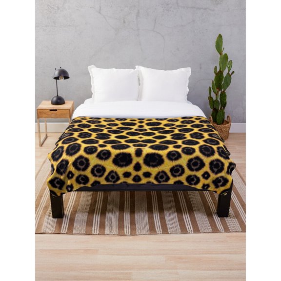 Golden Yellow and Black Leopard Rosette Fleece Blanket, Polyester Fleece Fabric, 280 GSM, Animal Style for Couch or Bed