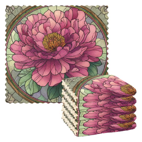 Golden and Pink Peony Flowers Kitchen Cloth Dish Towels for Drying Washing Absorbent Dish Rags Reusable soft kitchen dishcloth set 6 Pack