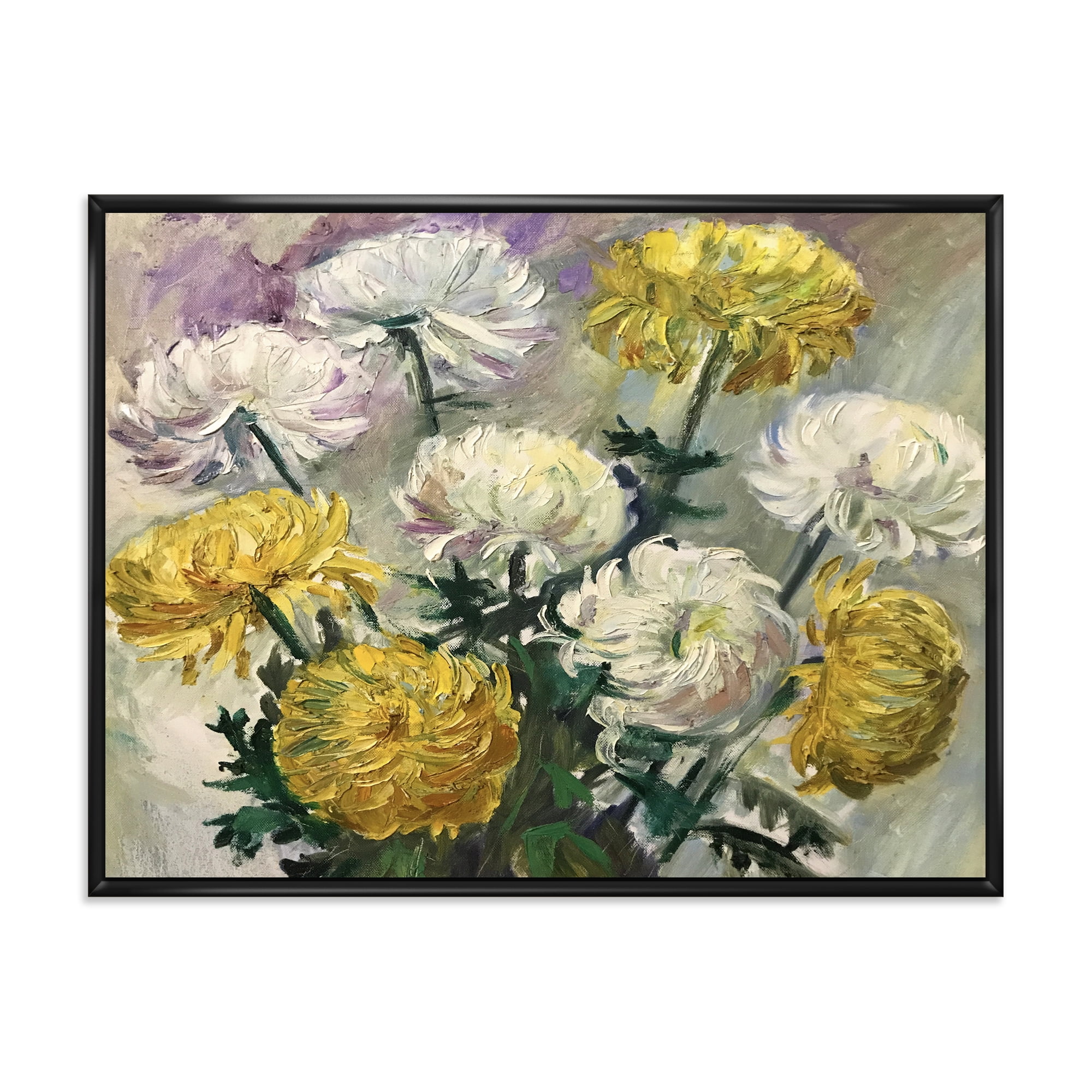 Golden and White Daisies 32 in x 16 in Framed Painting Canvas Art Print, by Designart
