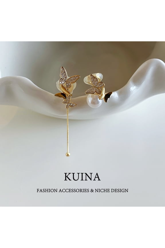 Golden butterfly tassel models ear clip new pearl without ear holes earrings light luxury temperament senior sense of earrings