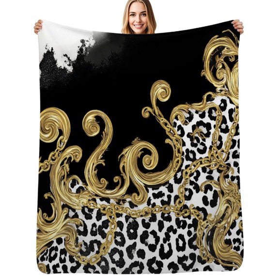 Golden chains leopard print Flannel Blanket Warm Soft Bedding Throws Winter Camping Chair Sofa Bed