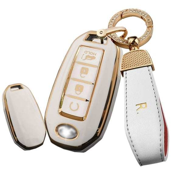 Golden-edge 4 Button Key Fob Cover for Infiniti QX60 QX50 Q50 Q60 Keyless Full Protection Key Case Shell with Bling Keychain