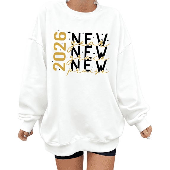 Golden letters 2026 New Year Theme Graphic well-fittingTee T Shirt Tops Round-neck long-sleeved White S-3XL