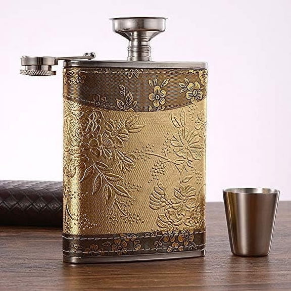 Golden pattern 8 Oz Gift 100% Stainless Steel(304/18-8 SS).Bonus 2 Shot Glass+1Funnel+1Giftbox.Flask Leak Proof Tested.Flask for Liquor/Alcohol.Flask for Men/Women$$Home Decor, Kitchen, & Other