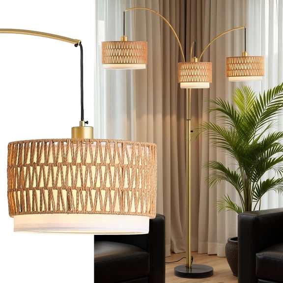 Golden rattan floor lamp suitable for living room, 80-inch tall Bohemian floor lamp with rotary switch, 3-light arc lamp with rattan shade, suitable for coastal, Bohemian, tree-shaped farmhouse floor