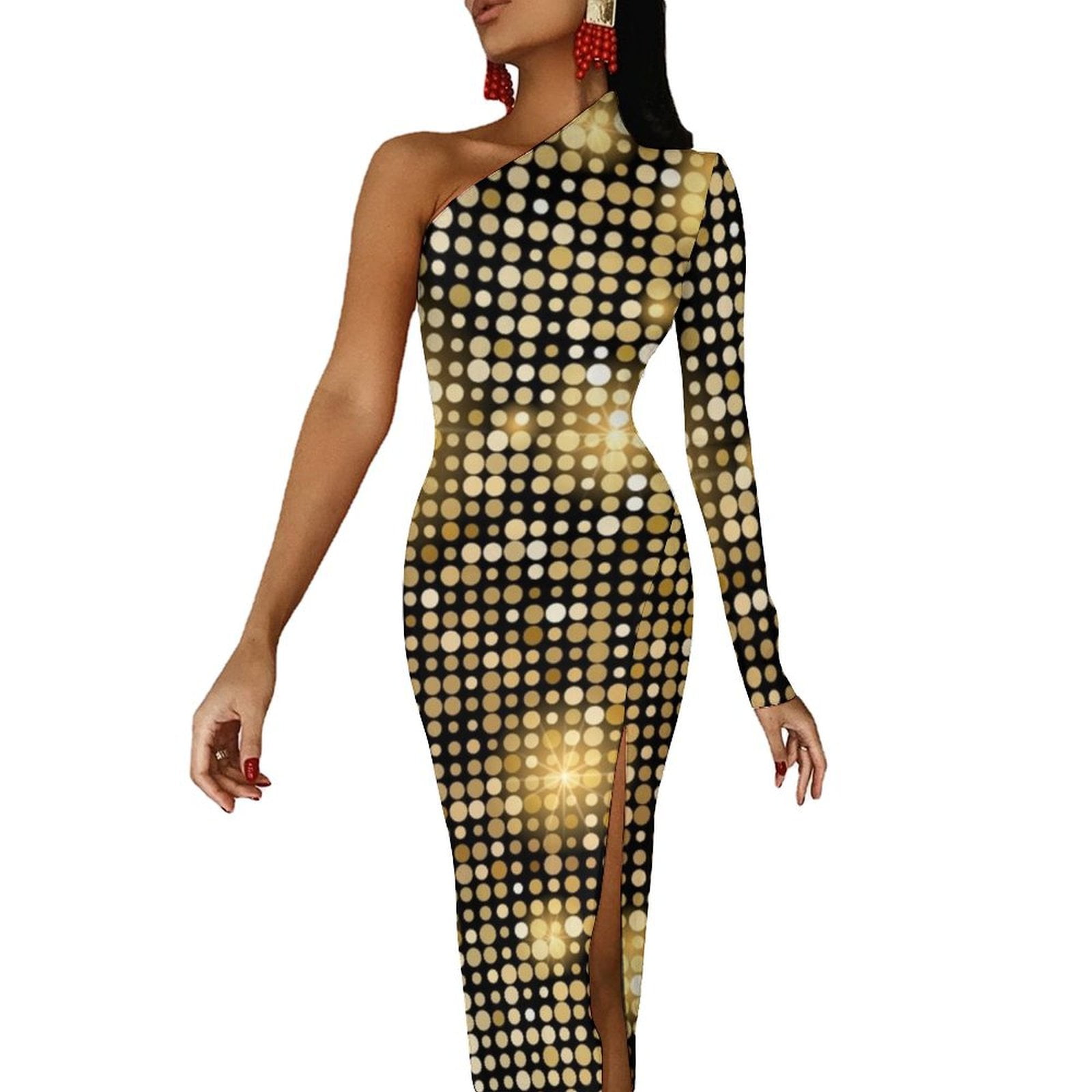 Golden shiny mosaic in disco ball style Half Dleeve Split Dress summer