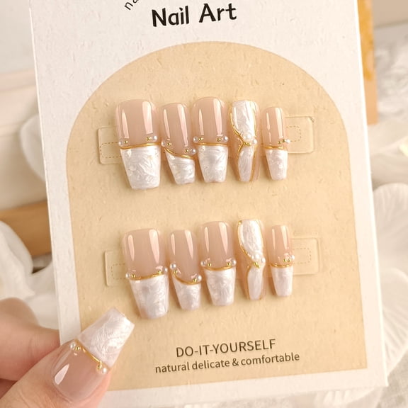 Golden silk pearl bare bottom wearing nail Xiaohongshu handmade light therapy fake nail 10 pieces sub-code nail art nail pieces direct sale