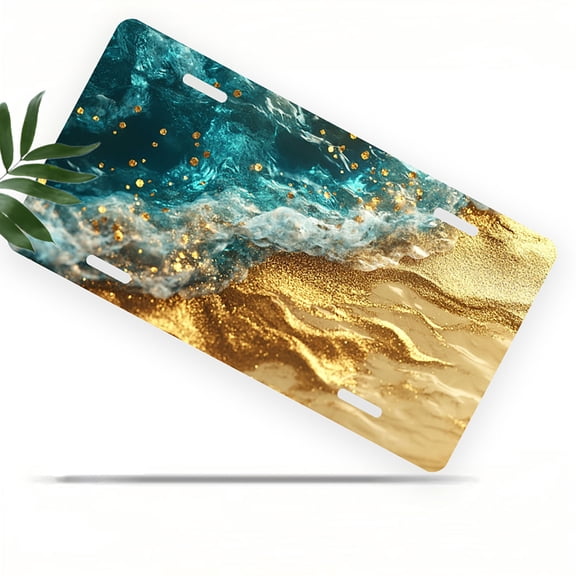 Golden sparkled Ocean Wave Front License Plate, Metal License Plate, Funny Standard Plates Personalized Novelty Decorative For Men/Women/Boys/Girls Car 6×12 Inch