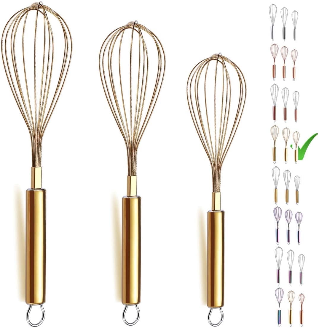 Golden stainless steel whisk set, includes 8-inch, 10-inch, 12-inch three sizes, titanium coating, cooking whisk, mixer, kitchen whisk set (golden)