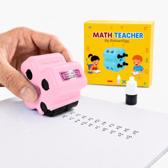 GoldenEgg Math Teacher 4-in-1 Math Roller Stamp, Addition, Subtraction, Multiplication & Fill-in-The-Blank Practice Tool for Kids, Classroom & Home Use (Pink)