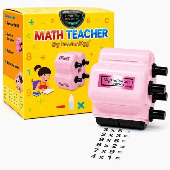GoldenEgg Math Teacher 4-in-1 Math Roller Stamp, Addition, Subtraction, Multiplication & Fill-in-The-Blank Practice Tool for Kids, Classroom & Home Use (Pink)