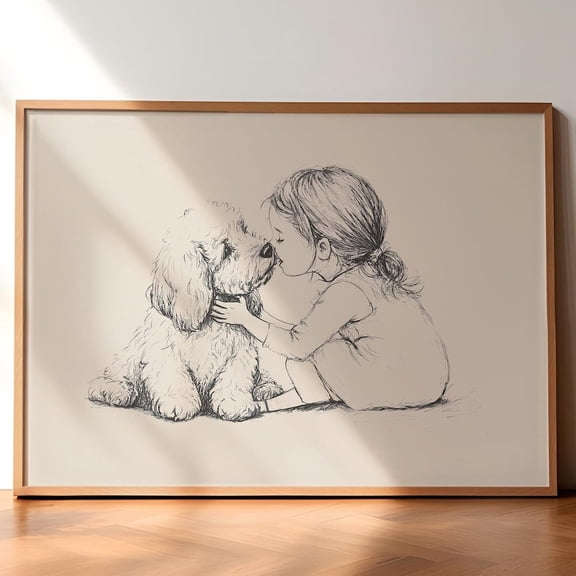 Goldendoodle And Girl Poster Dog Vintage Art Retro Puppy Painting Nursery Wall Decor Baby Room Wall Art Dog Drawing Dog Painting Art