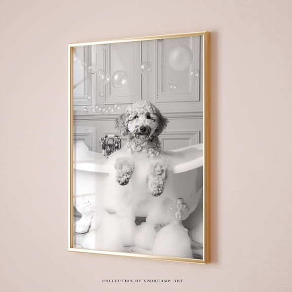 Goldendoodle On The Bath, Goldendoodle Gift, Funny Bathroom Wall Art, Bathroom Print Funny Pet Portrait Dog In Bathtub Print Bathroom Poster, Poster Only